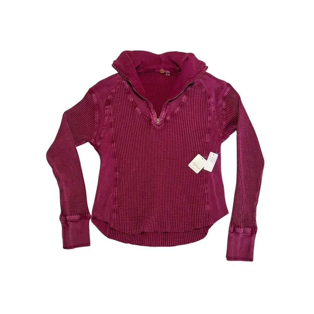 Free People FP One Ashton Zip Thermal XS Mulberry Waffle Knit Quarter Zip NWT
